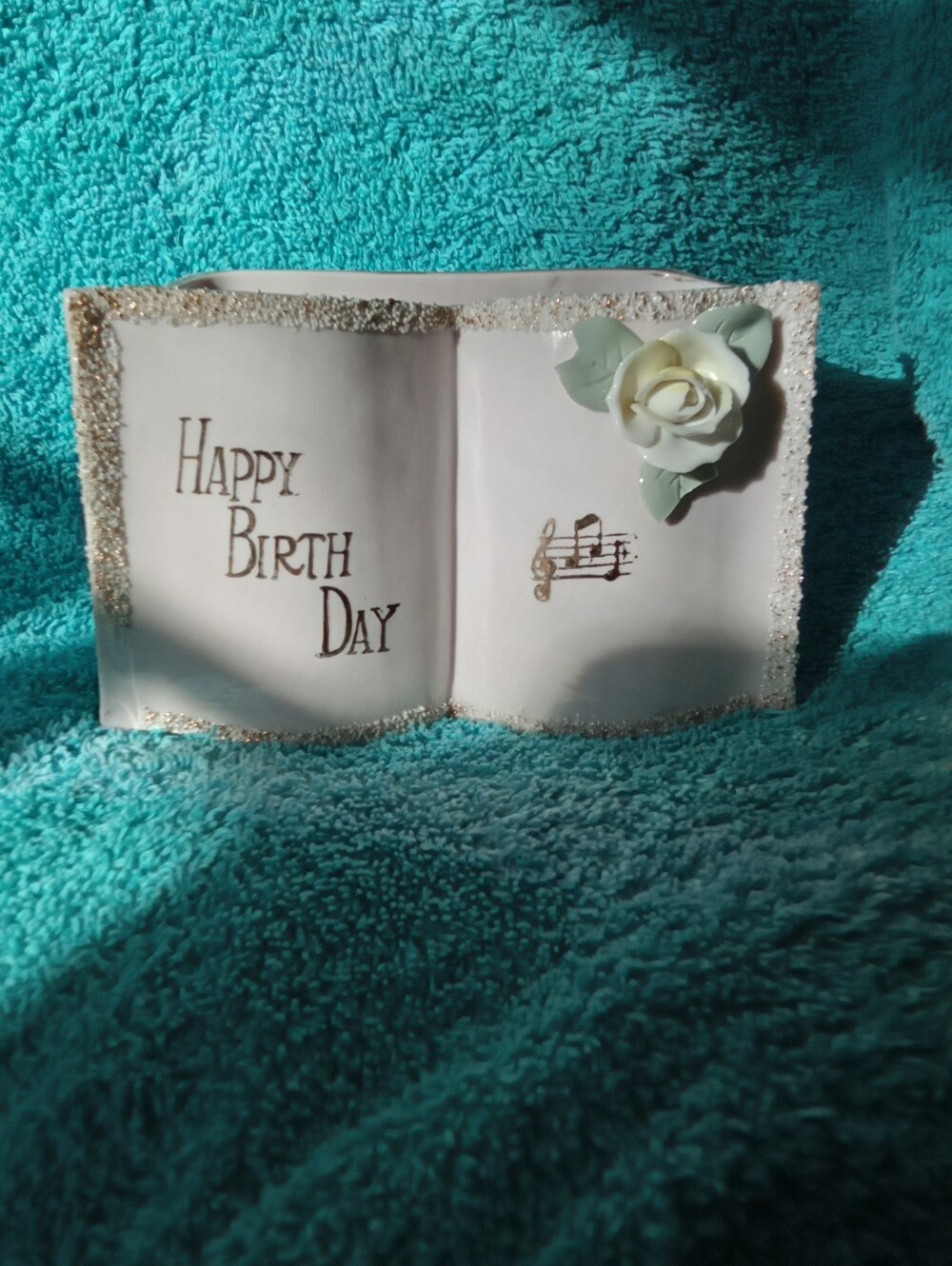 #7054 Decorative White Ceramic 'Happy Birthday' Book Accent with Flower